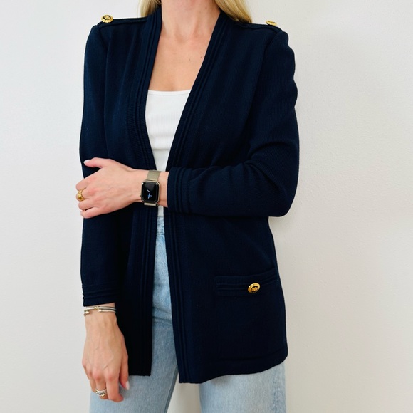 St John Open Front Cardigan Sweater Navy Knit Gold Buttons - Picture 2 of 10